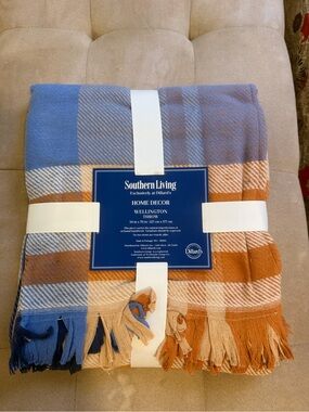 Southern Living Plaid Throw Blanket — Blue & Rust Tonal Check